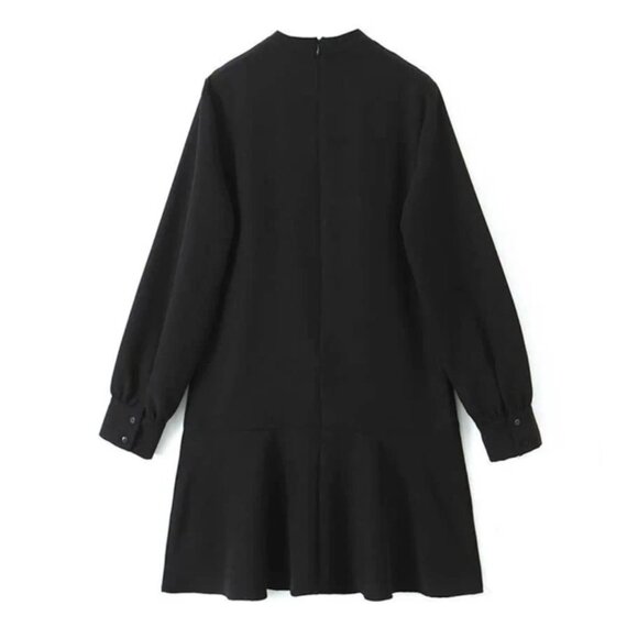 Zara Pintucked Dress w/ Lace Trim Size XS Black Crepe Flare Shift Mini Cocktail - Picture 2 of 7